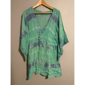 Calypso Christiane Celle Women Dress Large Green Tie Dye Embroidered Sheer Boho